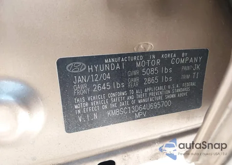 2004 Hyundai Santa Fe Gls from USA, damaged, VIN KM8SC13D64U695700